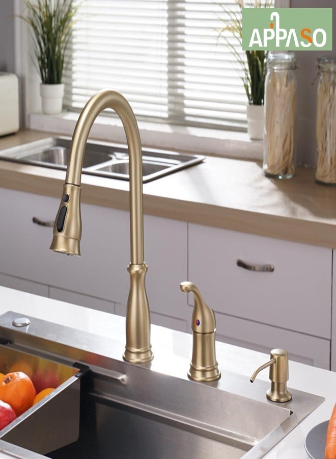 APPASO Gold Kitchen Faucet 3 Hole, Brushed Gold Kitchen Faucet with Soap Dispenser and Pull Down Sprayer, Solid Steel High Arc Kitchen Sink Faucets with Separate Handle Stainless for 2 or 3 Hole Sink - Image 5