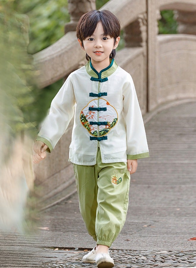 D3042-liangtingchangxiu Boys' Hanfu Chinese Style Set white Shirt and green Pants Two-piece Suits Spring And Autumn New Children's Tang Dynasty Fashion Clothes