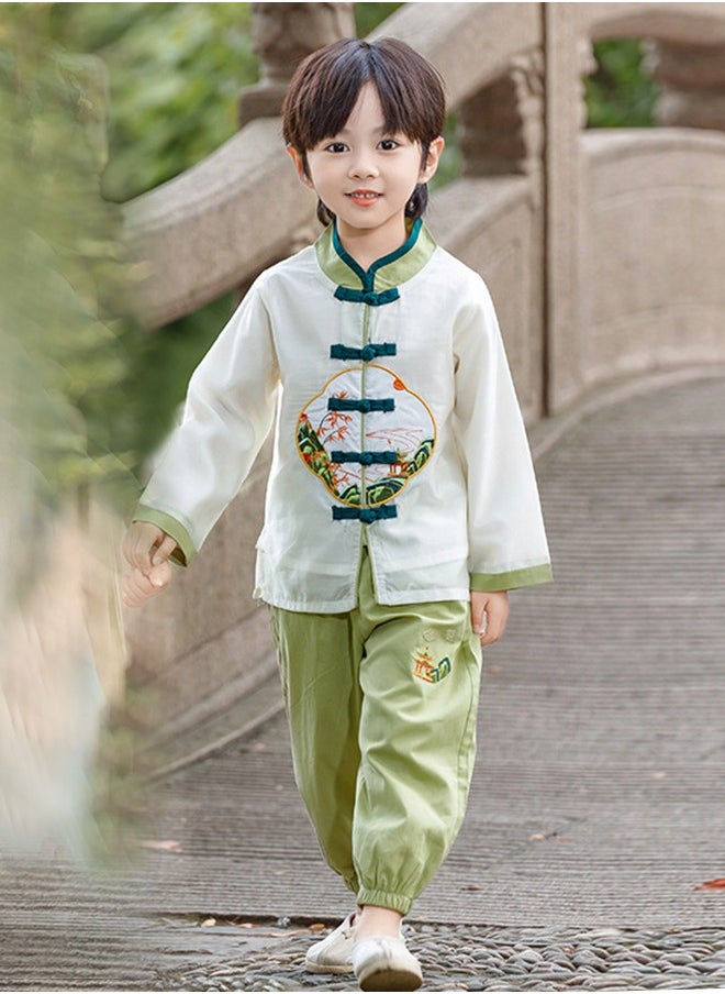 Al Aoyama - D3042-liangtingchangxiu Boys' Hanfu Chinese Style Set white Shirt and green Pants Two-piece Suits Spring And Autumn  New Children's Tang Dynasty Fashion Clothes - Image 1
