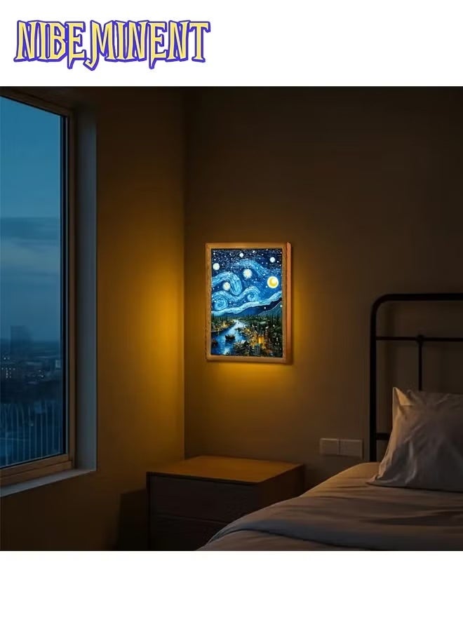 NIBEMINENT 1 Pcs Van Gogh Starry Night LED Frame Light - USB Powered, Adjustable Wall & Tabletop Decorative Lamp with Warm to Cool-Tempered Lighting for Bedroom, Office, and Home Ambiance, Bedroom Night Light | Art Deco Style | Wooden Frame Light, LED Lights for Bedroom 16.5*22.5cm - Image 4