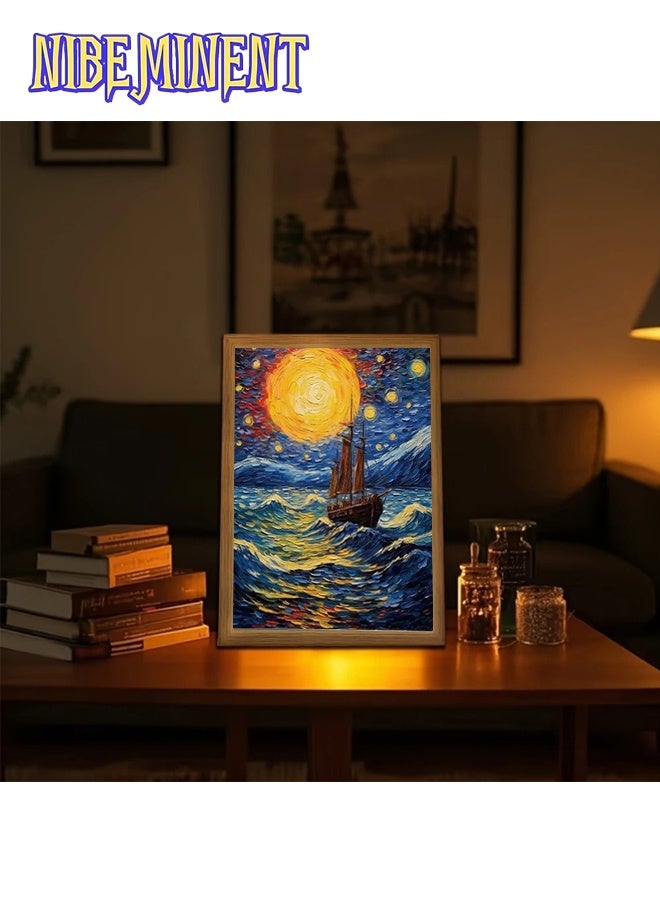 NIBEMINENT 1 Pcs Van Gogh Starry Night LED Frame Light - USB Powered, Adjustable Wall & Tabletop Decorative Lamp with Warm to Cool-Tempered Lighting for Bedroom, Office, and Home Ambiance, Bedroom Night Light | Art Deco Style | Wooden Frame Light, LED Lights for Bedroom 16.5*22.5cm - Image 2