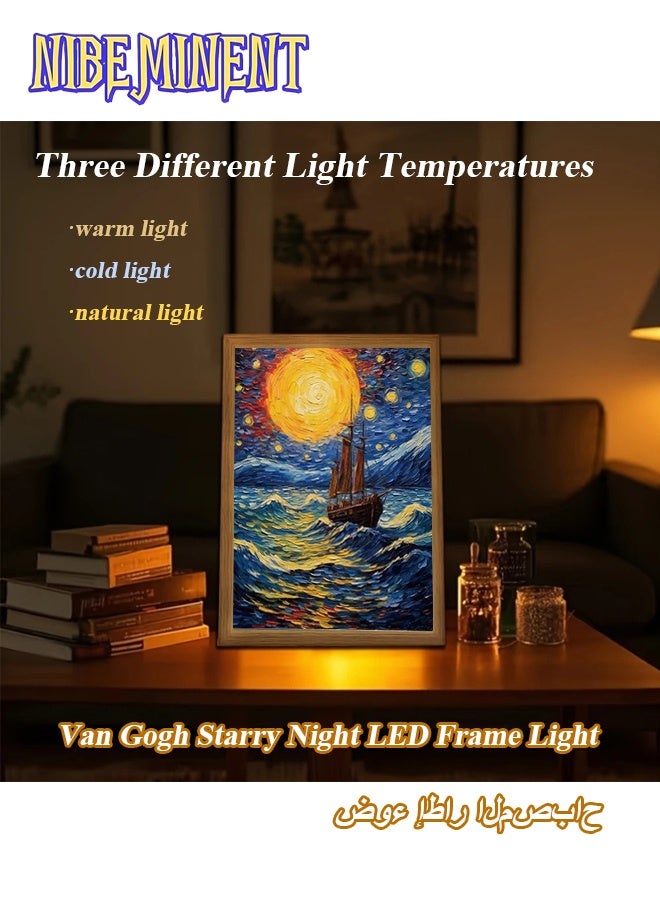 NIBEMINENT 1 Pcs Van Gogh Starry Night LED Frame Light - USB Powered, Adjustable Wall & Tabletop Decorative Lamp with Warm to Cool-Tempered Lighting for Bedroom, Office, and Home Ambiance, Bedroom Night Light | Art Deco Style | Wooden Frame Light, LED Lights for Bedroom 16.5*22.5cm - Image 1