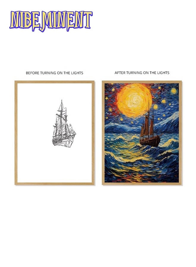 NIBEMINENT 1 Pcs Van Gogh Starry Night LED Frame Light - USB Powered, Adjustable Wall & Tabletop Decorative Lamp with Warm to Cool-Tempered Lighting for Bedroom, Office, and Home Ambiance, Bedroom Night Light | Art Deco Style | Wooden Frame Light, LED Lights for Bedroom 16.5*22.5cm - Image 3
