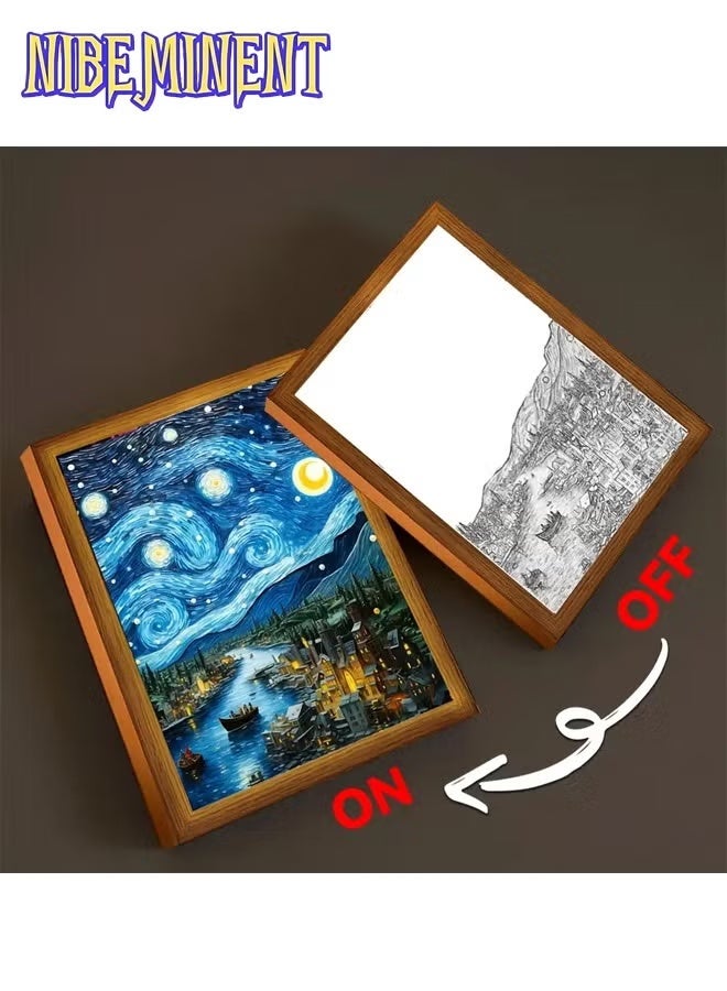 NIBEMINENT 1 Pcs Van Gogh Starry Night LED Frame Light - USB Powered, Adjustable Wall & Tabletop Decorative Lamp with Warm to Cool-Tempered Lighting for Bedroom, Office, and Home Ambiance, Bedroom Night Light | Art Deco Style | Wooden Frame Light, LED Lights for Bedroom 16.5*22.5cm - Image 5