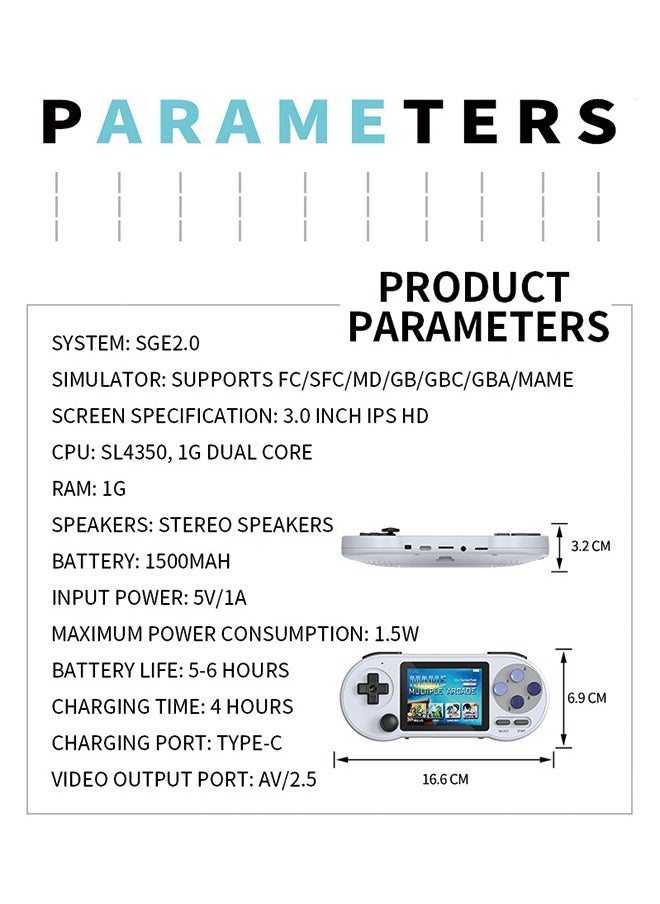 SF2000 Handheld Game Console, 3-inch IPS HD Screen Portable Handheld Nostalgic Arcade Retro Game Machine, 1500mAh Battery, Built-in 6000Games, Support 7 Emulators