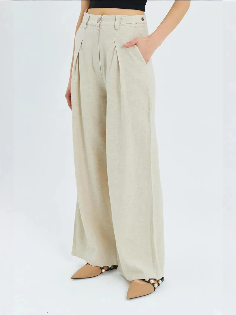 MixRay Natural Mixray High Waist Pleated Palazzo Pants for Women | Best Price UAE