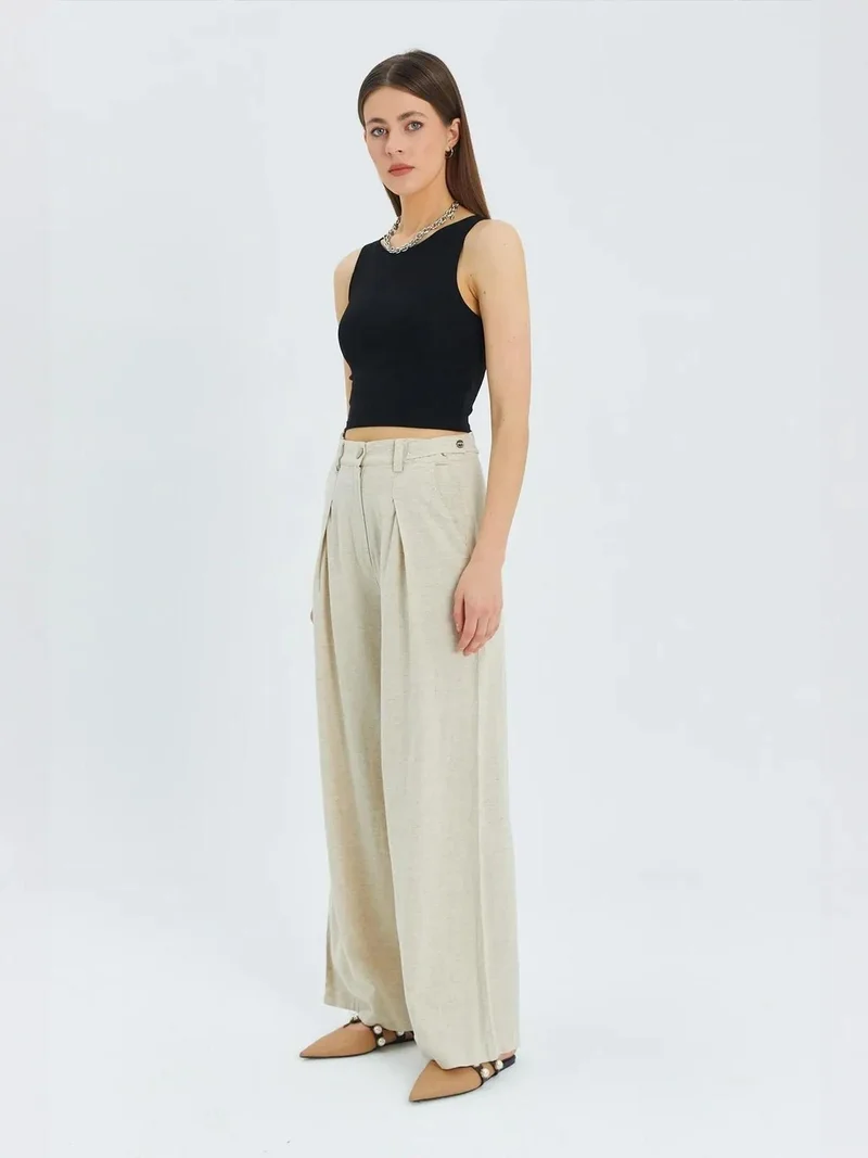 MixRay Natural Mixray High Waist Pleated Palazzo Pants for Women | Best Price UAE