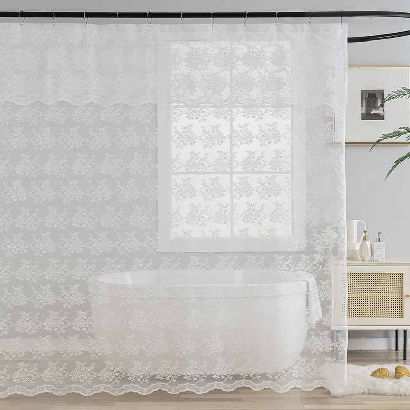 TUDECO White Lace Shower Curtain with Attach Valance, Elegant Floral Shower Curtain Lace for Bathroom Vintage Sheer Scalloped Shower Curtain French Country Bathroom Decor 72 x 72 Inch, 1 Panel - Image 5
