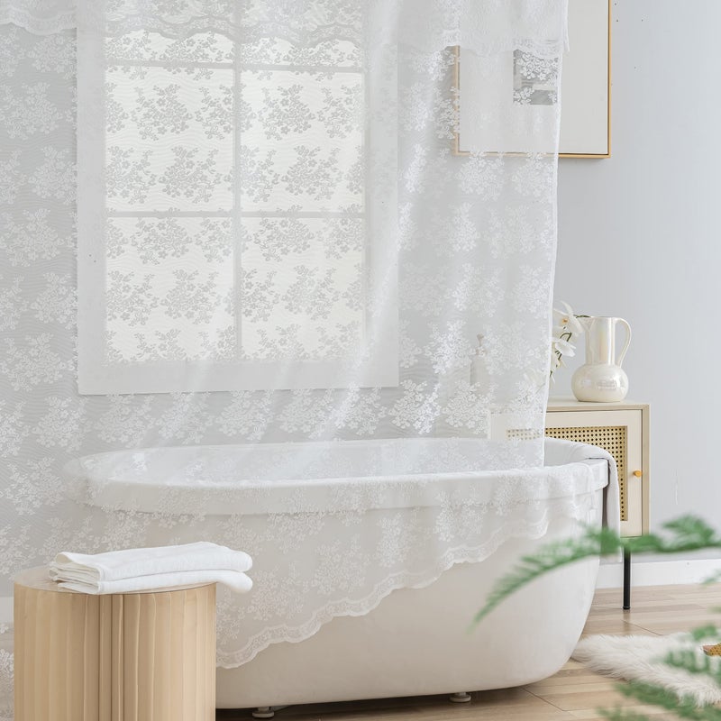 TUDECO White Lace Shower Curtain with Attach Valance, Elegant Floral Shower Curtain Lace for Bathroom Vintage Sheer Scalloped Shower Curtain French Country Bathroom Decor 72 x 72 Inch, 1 Panel - Image 4
