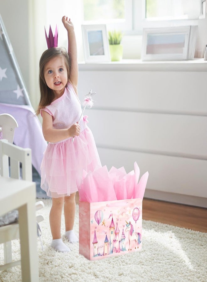 Linelglobal Unicorn Gift Bag with Tissue Paper for Girl Birthday Pink Castle 12.6" - Image 5