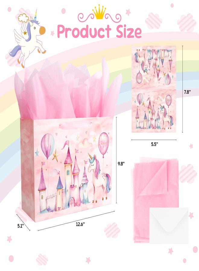 Linelglobal Unicorn Gift Bag with Tissue Paper for Girl Birthday Pink Castle 12.6" - Image 2