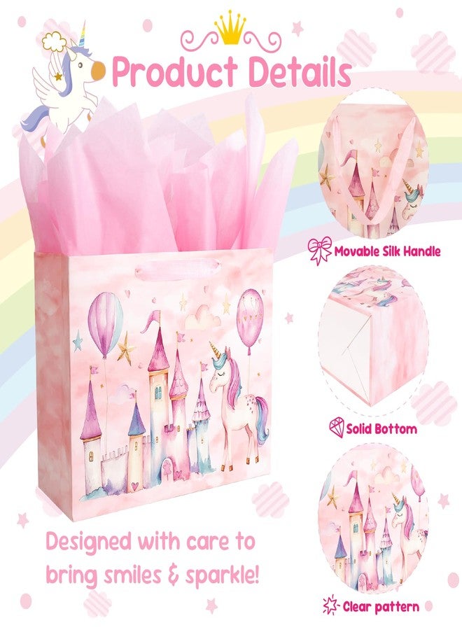 Linelglobal Unicorn Gift Bag with Tissue Paper for Girl Birthday Pink Castle 12.6" - Image 3