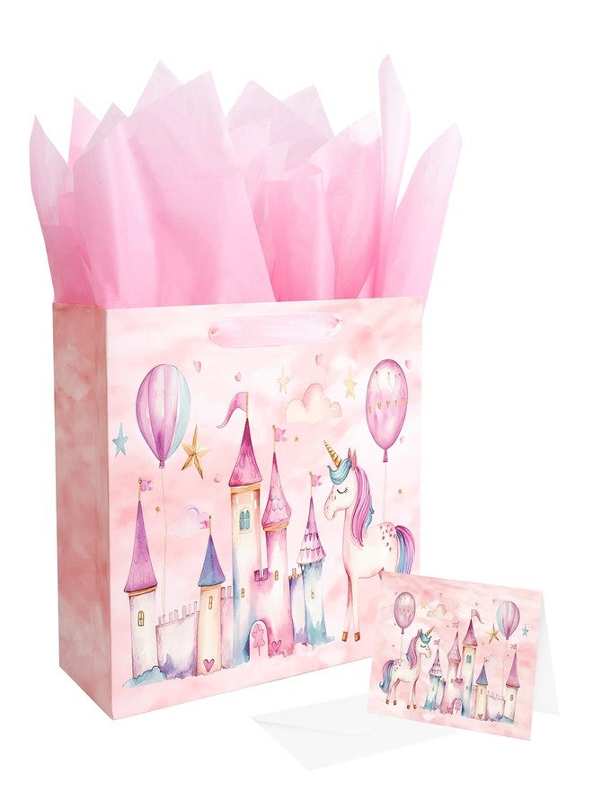 Linelglobal Unicorn Gift Bag with Tissue Paper for Girl Birthday Pink Castle 12.6" - Image 1
