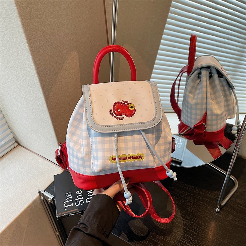 Korean Style Checkered Cute Red Apple Backpack for Women - Image 2