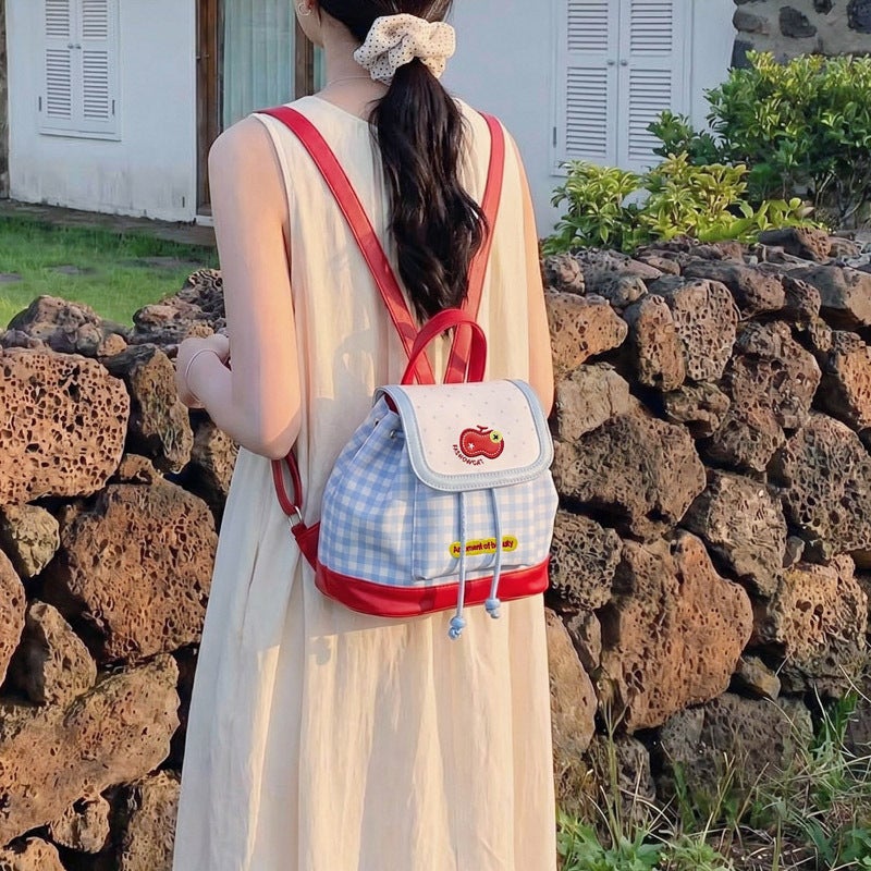 Korean Style Checkered Cute Red Apple Backpack for Women - Image 5