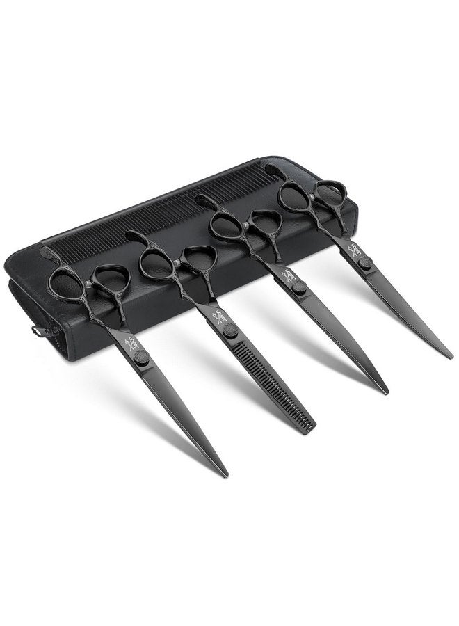 جيسون مجموعة مقصات العناية بالكلاب من جيسون، مجموعة مقصات احترافية 6 في 1 للكلاب - مقصات ترقق 6.5 بوصة، مقصات مستقيمة 7 بوصة، مقصات منحنية لأعلى 7 بوصة، مقصات منحنية لأسفل 7 بوصة ومشط للكلاب والقطط والحيوانات الأليفة مع برغي قابل للتعديل (أسود) - Image 1