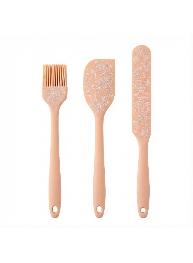 3 Piece Silicone Kitchen Tools Set, Pastry Brush, Spatula and Cake Spreader, Baking and Dessert Tools for Dough Preparation, Cream Spreading and Mixing -Pink - Image 1