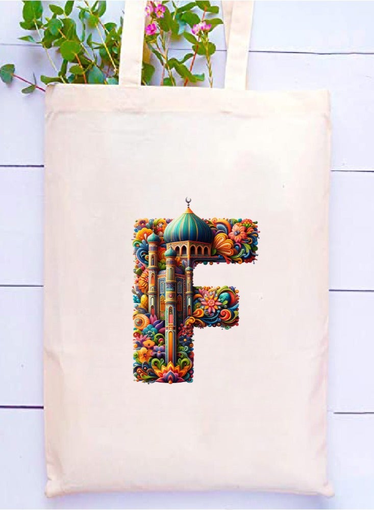PRINTSHOP4ME Initial Monogram Tote Bag - Cotton Tote with Initial Design Printed - Perfect for School, Travel and Birthday Gift - Eco-Friendly Canvas Cotton Tote Bag for Women - Gift for Ramadan - Image 2