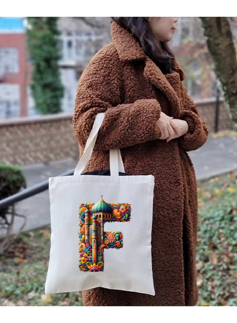 PRINTSHOP4ME Initial Monogram Tote Bag - Cotton Tote with Initial Design Printed - Perfect for School, Travel and Birthday Gift - Eco-Friendly Canvas Cotton Tote Bag for Women - Gift for Ramadan - Image 5