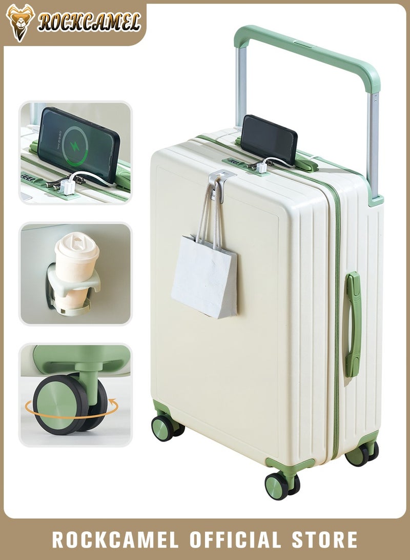 ROCKCAMEL "حقيبة سفر 20 إنش للحمل على متن الطائرة، بمقبض تلسكوبي عريض، مزودة بمنفذ شحن USB وحاملة كوب وخطاف، بتصميم أبيض وأخضر، مع عجلات دوارة معتمدة للمقصورة مناسبة للرجال والنساء    " - Image 1