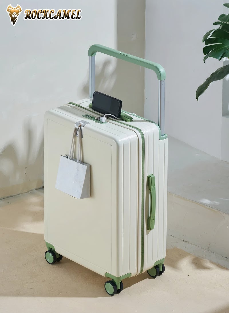 ROCKCAMEL "حقيبة سفر 20 إنش للحمل على متن الطائرة، بمقبض تلسكوبي عريض، مزودة بمنفذ شحن USB وحاملة كوب وخطاف، بتصميم أبيض وأخضر، مع عجلات دوارة معتمدة للمقصورة مناسبة للرجال والنساء    " - Image 2