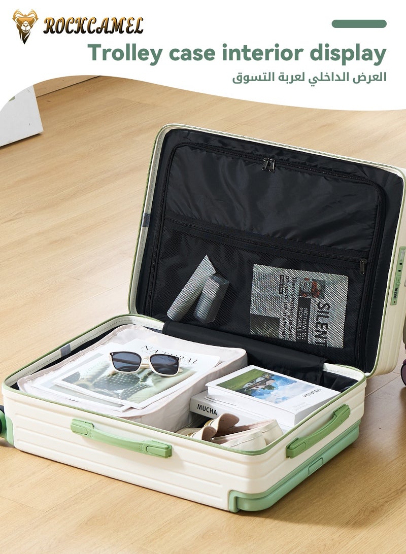 ROCKCAMEL "حقيبة سفر 20 إنش للحمل على متن الطائرة، بمقبض تلسكوبي عريض، مزودة بمنفذ شحن USB وحاملة كوب وخطاف، بتصميم أبيض وأخضر، مع عجلات دوارة معتمدة للمقصورة مناسبة للرجال والنساء    " - Image 4