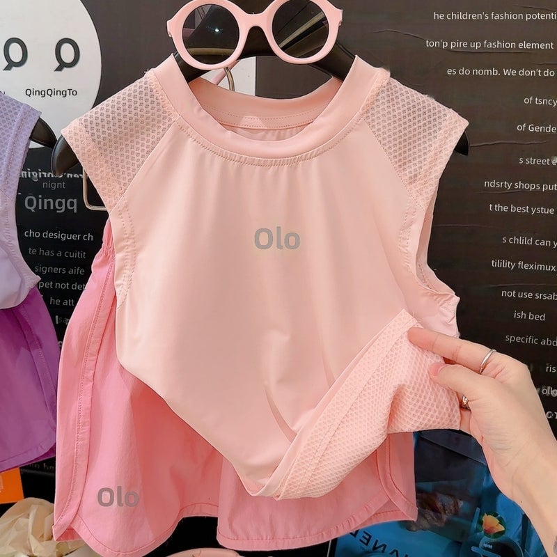 A-Class Thin Quick Dry Kids Sleeveless Vest Shorts Set for 0-8Y Saudi UAE Unisex Boys Girls, Mesh Breathable Patchwork Cool Toddler Sports Tracksuit, Stretch Loose Macaron Color Children Two Piece Outfit, Ideal Summer Daily Ramadan Eid Kids Gift - Image 5