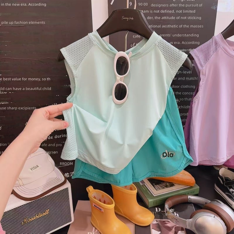 A-Class Thin Quick Dry Kids Sleeveless Vest Shorts Set for 0-8Y Saudi UAE Unisex Boys Girls, Mesh Breathable Patchwork Cool Toddler Sports Tracksuit, Stretch Loose Macaron Color Children Two Piece Outfit, Ideal Summer Daily Ramadan Eid Kids Gift - Image 1