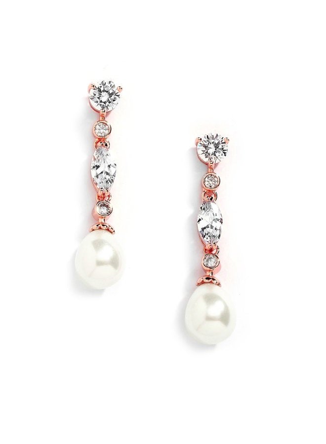 Mariell Rose Gold Pearl Bridal Earrings with Cubic Zirconia Crystals, 1 ¾" Long Dangle Wedding Earring for Brides, Homecoming, Mother of the Bride - Image 1