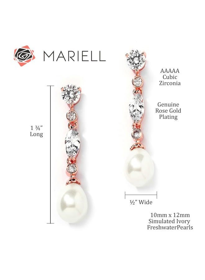 Mariell Rose Gold Pearl Bridal Earrings with Cubic Zirconia Crystals, 1 ¾" Long Dangle Wedding Earring for Brides, Homecoming, Mother of the Bride - Image 5