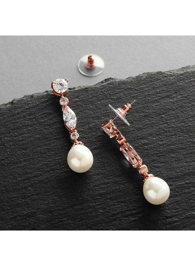 Mariell Rose Gold Pearl Bridal Earrings with Cubic Zirconia Crystals, 1 ¾" Long Dangle Wedding Earring for Brides, Homecoming, Mother of the Bride - Image 3
