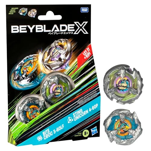 BeyBlade باي بليد إكس باك دوال من بايت كروك 3-60LF و ستينغ يونيكورن 4-60P مع 2 قمة دوارة في اتجاه اليمين؛ ألعاب قمة القتال للأولاد والبنات بعمر 8 سنوات - Image 1
