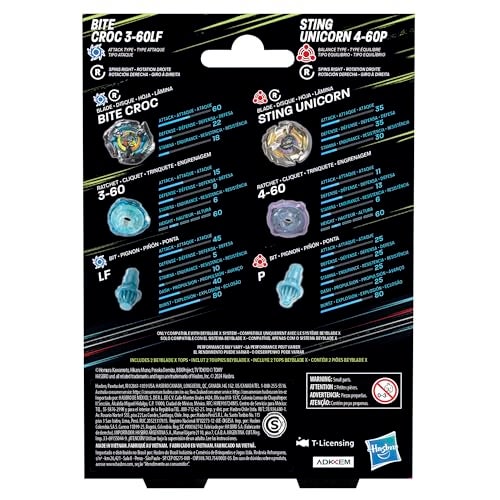BeyBlade باي بليد إكس باك دوال من بايت كروك 3-60LF و ستينغ يونيكورن 4-60P مع 2 قمة دوارة في اتجاه اليمين؛ ألعاب قمة القتال للأولاد والبنات بعمر 8 سنوات - Image 4