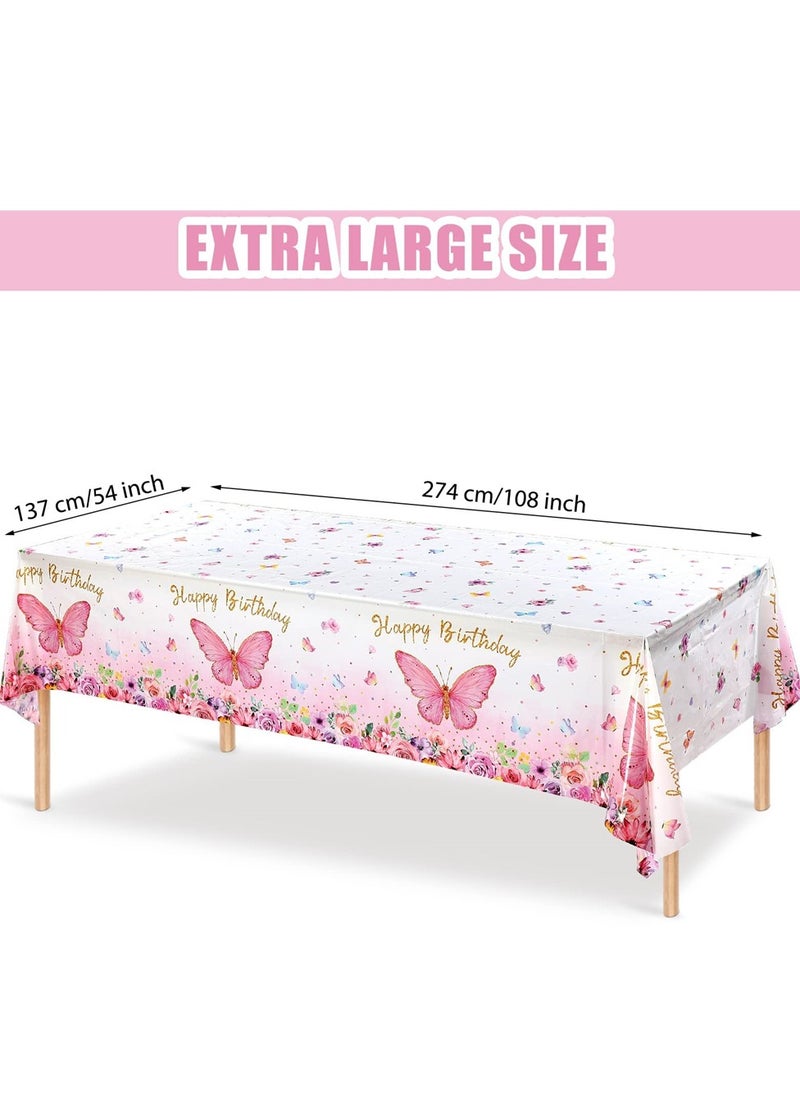 Excefore Butterfly Happy Birthday Tablecloth, Butterfly Party Decoration Rectangular Watercolor Butterfly Table Cover Spring Themed Plastic Tablecloth for Girl Party, 108 x 54 Inch (Pink, 3 Pieces)  - Image 2