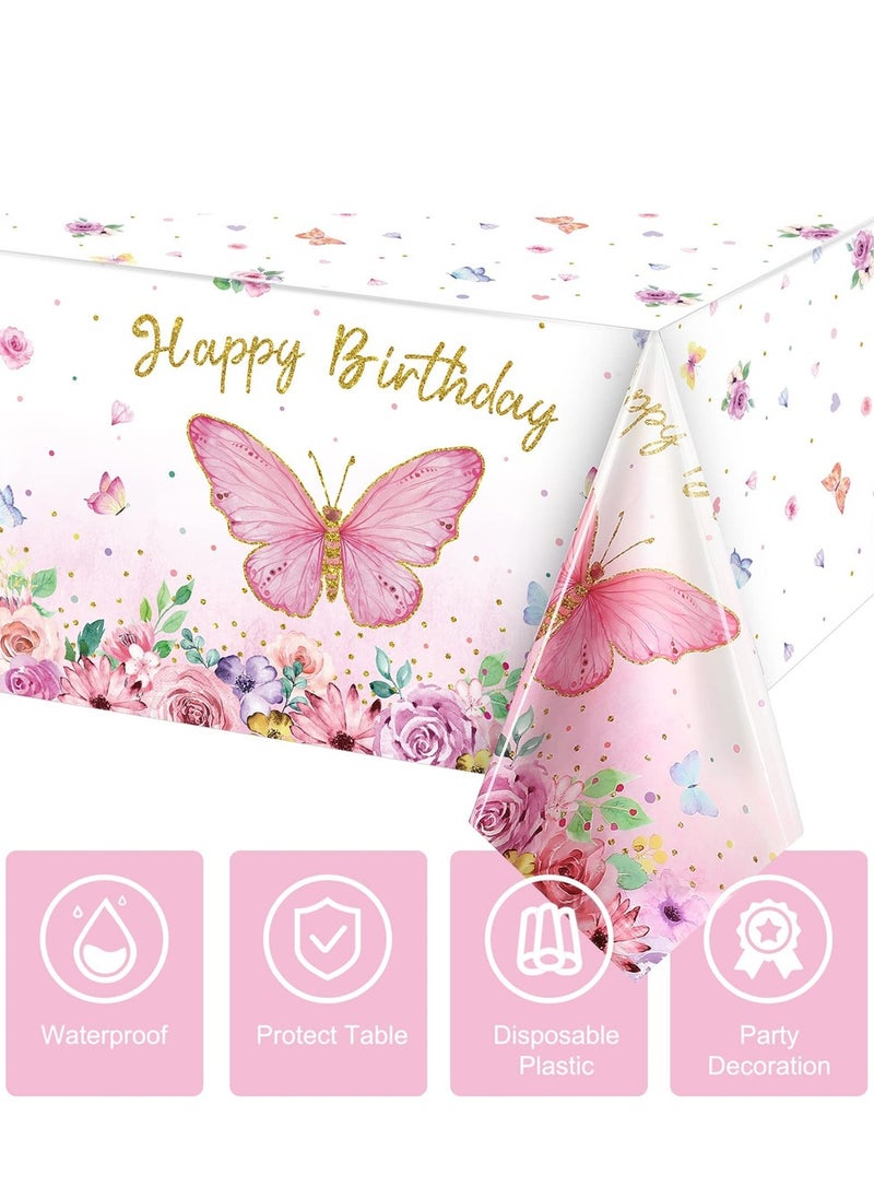 Excefore Butterfly Happy Birthday Tablecloth, Butterfly Party Decoration Rectangular Watercolor Butterfly Table Cover Spring Themed Plastic Tablecloth for Girl Party, 108 x 54 Inch (Pink, 3 Pieces)  - Image 3