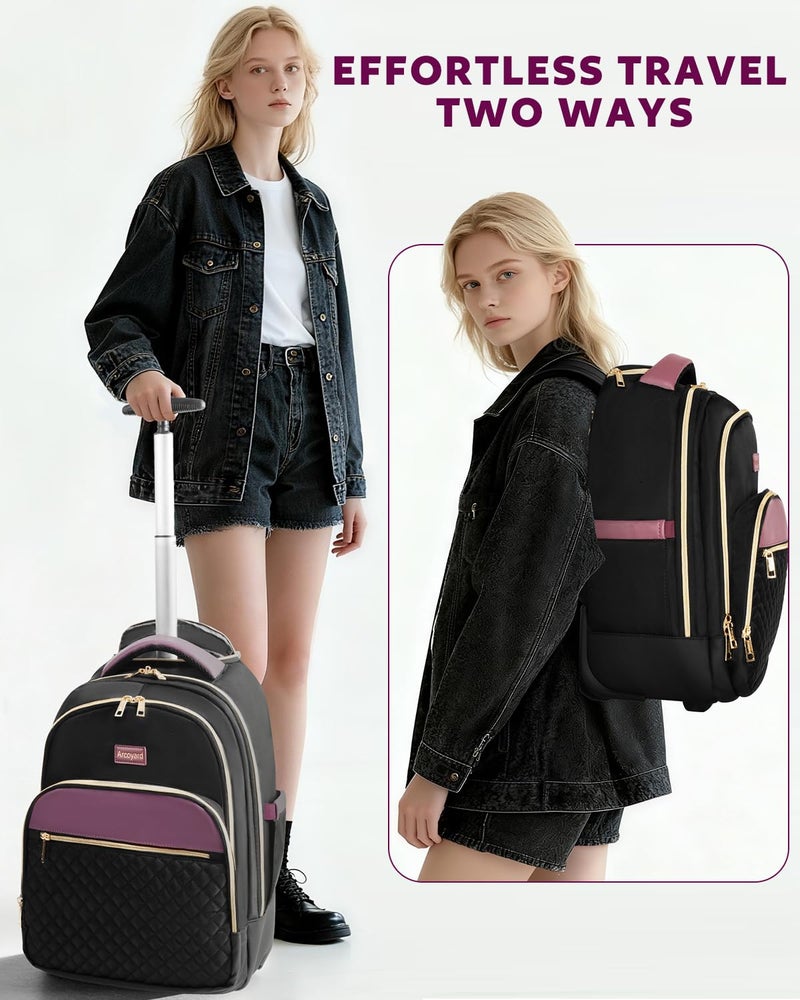 Arcoyard Rolling Backpack for Women, 17 Inch Laptop Backpack With Wheels for Adults, Large Water Resistant Wheeled Carry On Luggage Roller Bag, Flight Approved for Work, Travel, College, Black Purple - Image 3