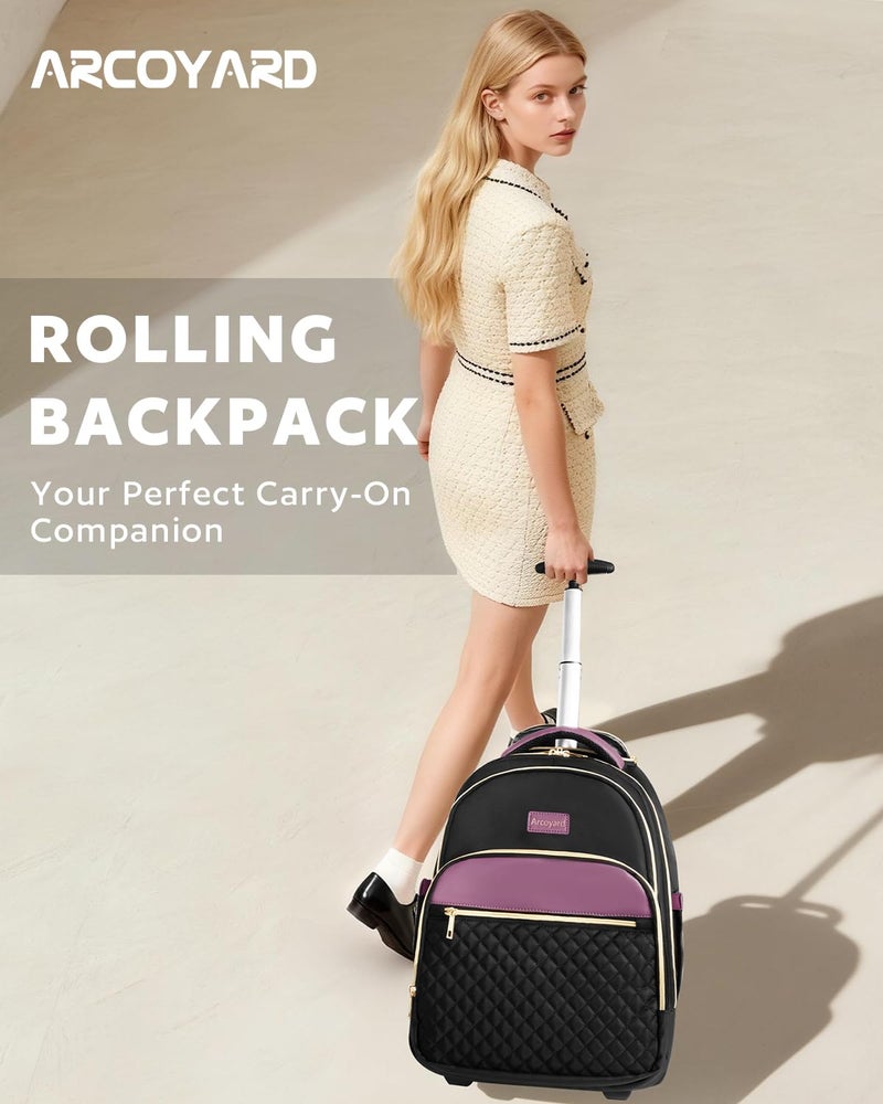 Arcoyard Rolling Backpack for Women, 17 Inch Laptop Backpack With Wheels for Adults, Large Water Resistant Wheeled Carry On Luggage Roller Bag, Flight Approved for Work, Travel, College, Black Purple - Image 2