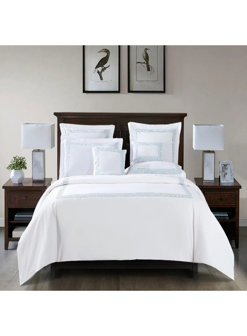 Ferrucci Oceana Duvet Cover - White with Blue Embroidery, 100% Cotton, Queen Size (4 Pieces)