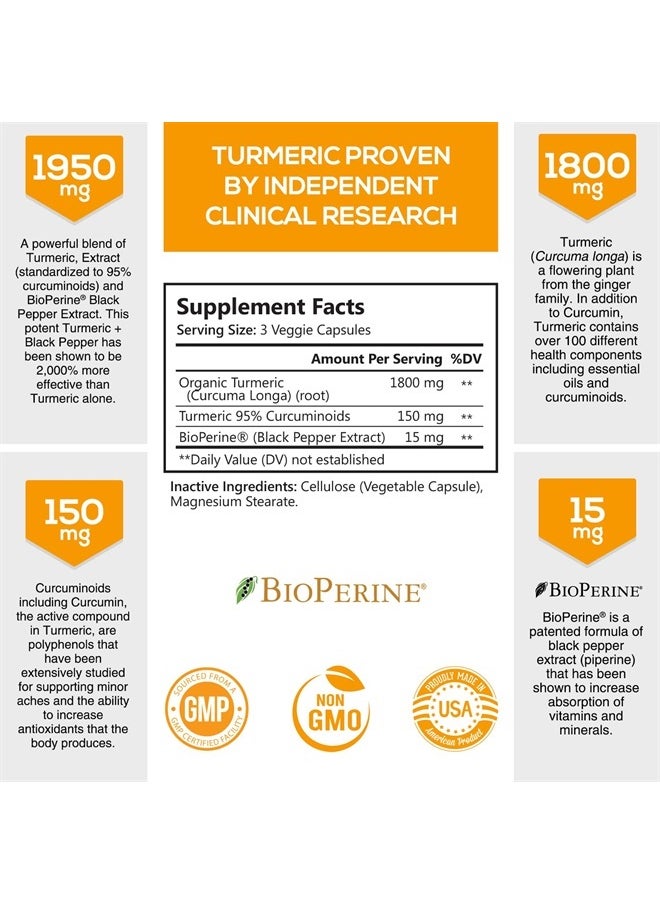 Turmeric Curcumin with BioPerine 95% Standardized Curcuminoids 1950mg - Black Pepper for Max Absorption, Natural Joint Support, Nature's Tumeric Extract, Herbal Supplement, Non-GMO - 180 Capsules