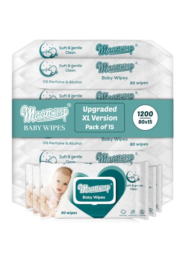 Moonwisp Baby Wipes [Upgraded XL Version] – Thicker, Premium Water-Based Wipes - Unscented, Alcohol-Free for Baby & All-Purpose Cleaning - Ultra-Soft Wet Tissue (Pack of 15-1200 Count) - Image 1