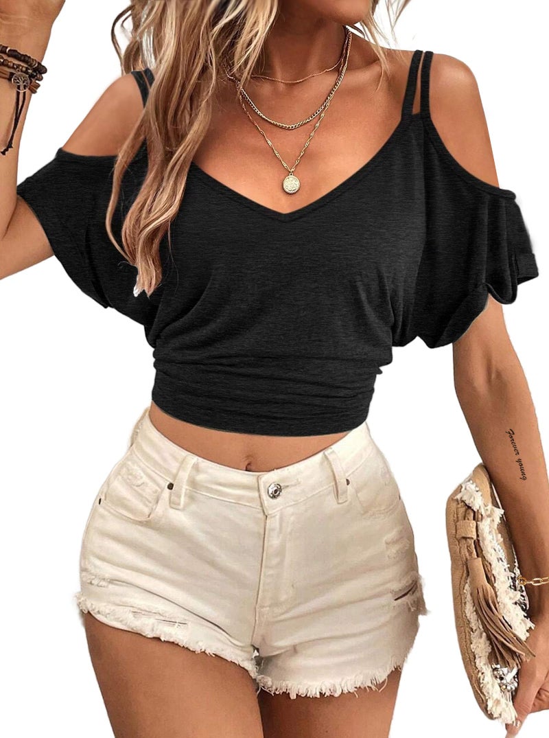 LilyCoco Womens V Neck T Shirts Sexy Cropped Cold Shoulder Tops Open Back Top Black Large - Image 1