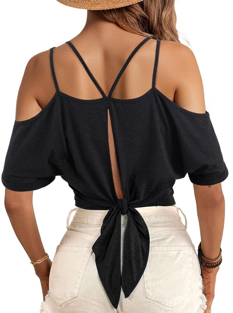 LilyCoco Womens V Neck T Shirts Sexy Cropped Cold Shoulder Tops Open Back Top Black Large - Image 2