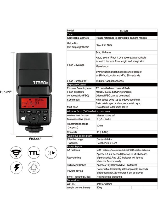 جودوكس فلاش كاميرا GODOX TT350N TTL لكاميرات نيكون GN36 1/8000s HSS ميني سبيد لايت  - Image 3
