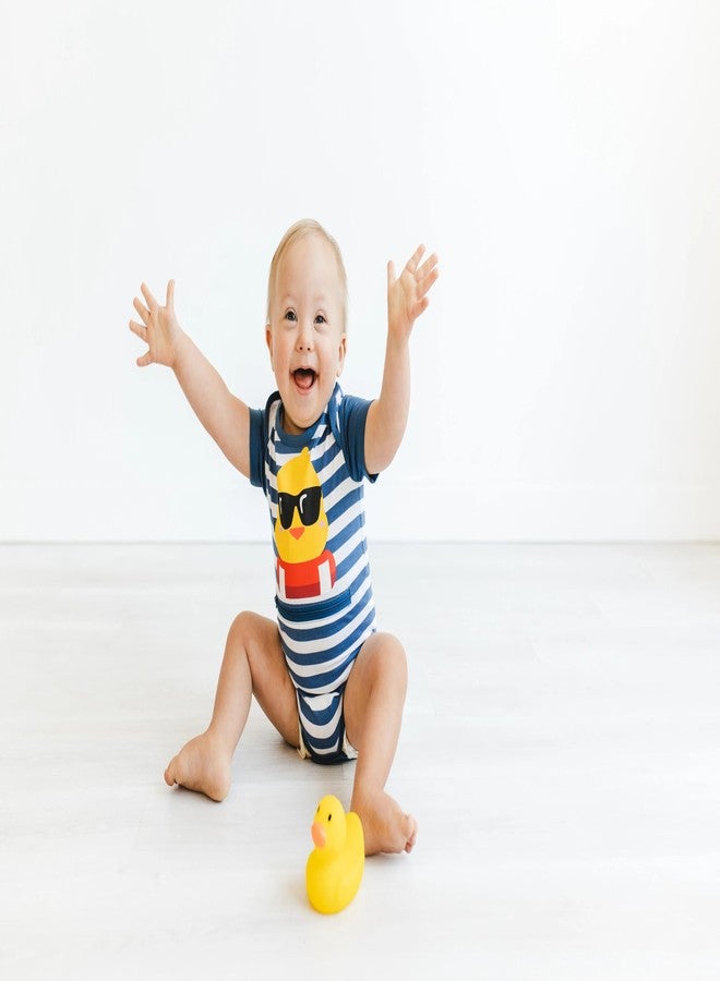 Spoonie Threads Navy Striped Duckie Short-Sleeve Tummy Zip Bodysuit | Preemie to 24M | G-Tube, Ostomy, Catheter, NICU/PICU, Port-friendly adaptive clothing [Preemie] | [Navy] - Image 4