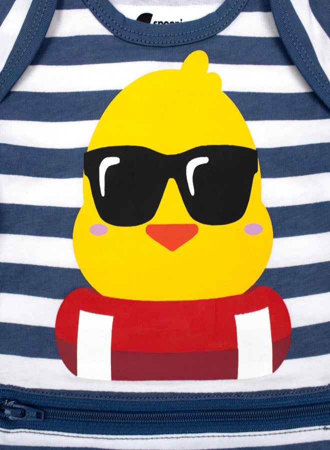 Spoonie Threads Navy Striped Duckie Short-Sleeve Tummy Zip Bodysuit | Preemie to 24M | G-Tube, Ostomy, Catheter, NICU/PICU, Port-friendly adaptive clothing [Preemie] | [Navy] - Image 3
