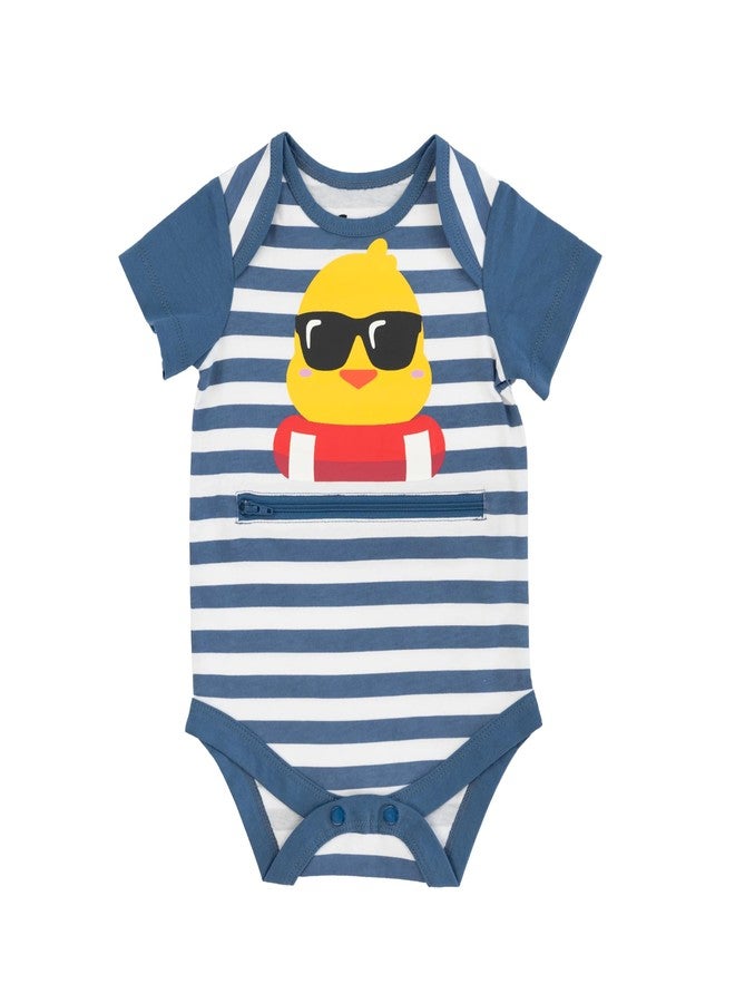 Spoonie Threads Navy Striped Duckie Short-Sleeve Tummy Zip Bodysuit | Preemie to 24M | G-Tube, Ostomy, Catheter, NICU/PICU, Port-friendly adaptive clothing [Preemie] | [Navy] - Image 1