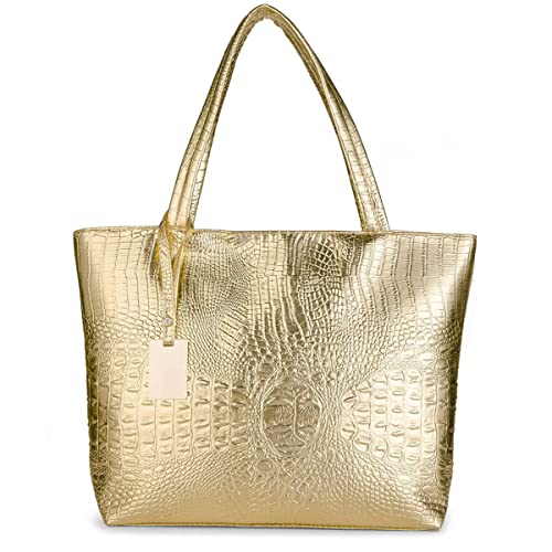 Valentoria Large Tote Shoulder Purse Stylish Metal Crocodile Woman Ladies Handbag Work Bag Ladies Mom Grandmother Gifts Gold - Image 1