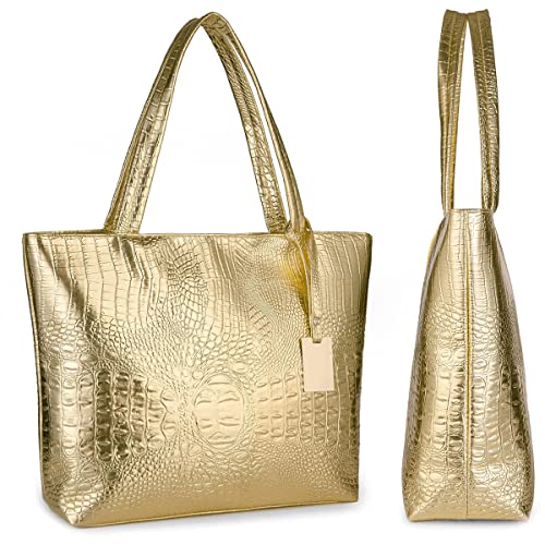 Valentoria Large Tote Shoulder Purse Stylish Metal Crocodile Woman Ladies Handbag Work Bag Ladies Mom Grandmother Gifts Gold - Image 2