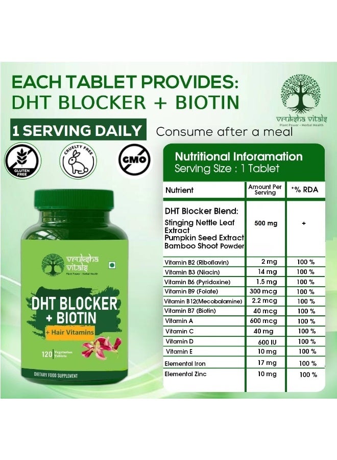 مُثبِّط هرمون ديهدروتستوستيرون مع البيوتين (120 قرصًا) - مستخلص أوراق نبات القراص، فيتامينات للشعر: B2، B3، B6، B9، B12، A، C، D، E، حديد، زنك، أوميغا 3، بيتا سيتوستيرول، براعم الخيزران - لنمو الشعر والبشرة والأظافر - Image 2