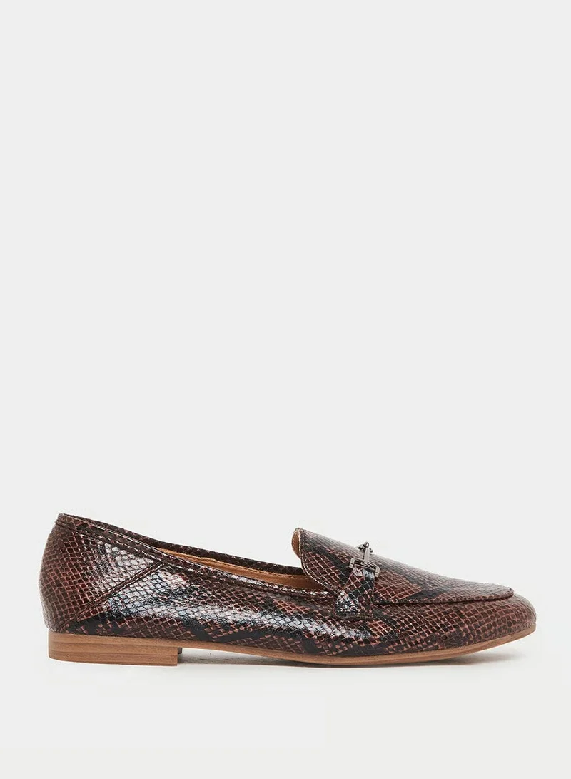 Styli Brown Snake Print Flat Loafers